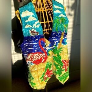 VTG FASHION FANTASY Flamingo Sequin Vest rare-tropical cruise beach motif XL